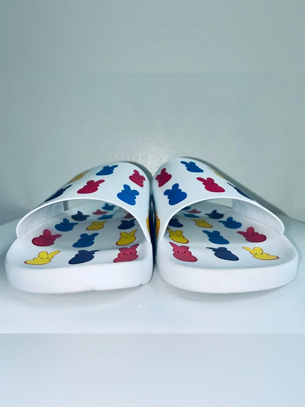 Katy Perry Collections X Peeps Bunny Slides Sandals Round Toe Wht/Mul EUC SZ 11